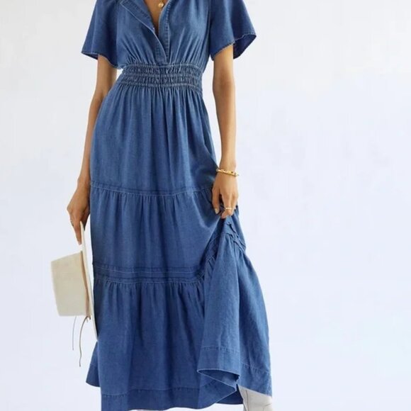 Anthropologie Somerset Maxi Dress Denim Chambray Western Tiered size L - Picture 4 of 16